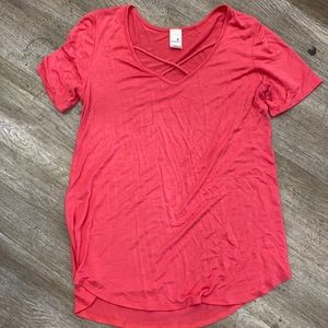 Coral criss cross detail swoop neck